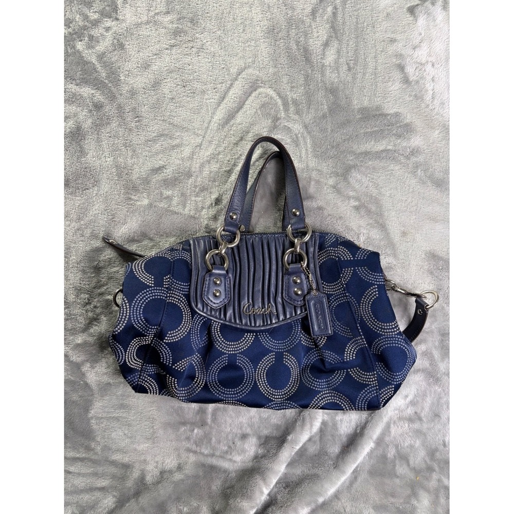 Coach Ashley Dotted Op Art Satchel Shoulder Handbag M Blue Sateen Womens